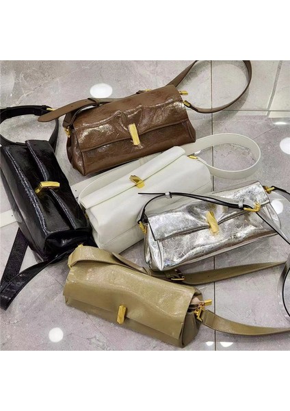 Kahve Büyük Sığır Derisi Çanta 2024 Bahar Gerçek Deri Moda Stil Küçük Crossbody Çanta Çok Yönlü Yağ Balmumu Deri Tek Omuz Kadın Koltuk Altı Çantası (Yurt Dışından)