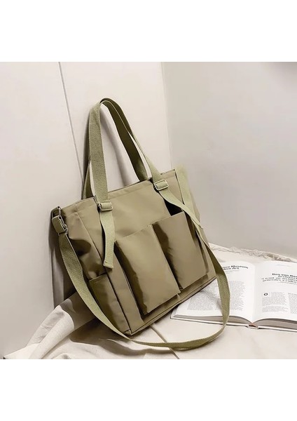 Yeşil Hiçbir Sarkık 36X34X10 cm Moda Klasik Basit Messenger Çanta Bayan Postacı Çantası Bayan Öğrenci Naylon Su Geçirmez Kanvas Okul Çantası Crossbody Çanta (Yurt Dışından)