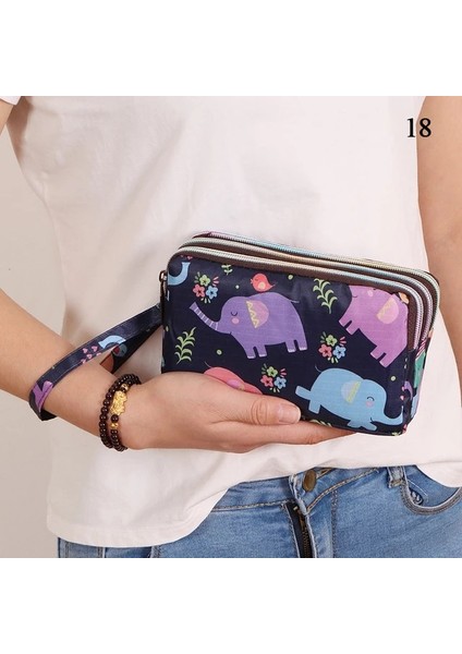 18 Kadın Çanta Baskı Tuval Üç Katmanlı Fermuarlı Cüzdan Çanta Taşınabilir Büyük Kapasiteli Su Geçirmez Bozuk Para Cüzdanı Cep Telefonu Cüzdanı (Yurt Dışından)