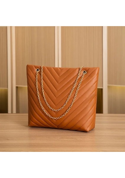 Kahverengi V Desen Nakış Kadın Çanta Retro Düz Renk Zincir Omuz Çantası Büyük Kapasiteli Alışveriş Çantası Kadın Moda Koltukaltı Çantası (Yurt Dışından)