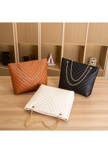 Kahverengi V Desen Nakış Kadın Çanta Retro Düz Renk Zincir Omuz Çantası Büyük Kapasiteli Alışveriş Çantası Kadın Moda Koltukaltı Çantası (Yurt Dışından) modelleri