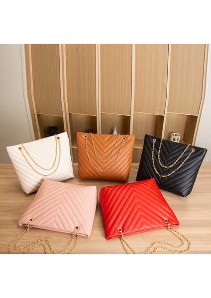 Kahverengi V Desen Nakış Kadın Çanta Retro Düz Renk Zincir Omuz Çantası Büyük Kapasiteli Alışveriş Çantası Kadın Moda Koltukaltı Çantası (Yurt Dışından) indirimleri