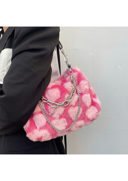 Bej Y2K Sıcak Kızlar Pembe Aşk Koltuk Altı Çanta Yumuşak Peluş Kalp Desen Bayanlar Omuz Çantası Kadın Zincir Kürklü Crossbody Çanta Çanta (Yurt Dışından) modelleri
