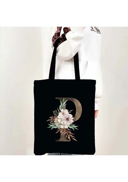 B P 35X40CM Suluboya Çiçek Düğün Monogram Çiçekler Ilk Harf Baskı Kadın Kanvas Alışveriş Tote Çantaları Eko Yeniden Kullanılabilir Alışveriş Çantaları (Yurt Dışından)