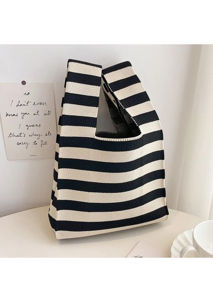 Çizgili Mini Kadın Kızlar Omuz Çantası Minimalist Kore Niş Tasarım Tote Çanta El Yapımı Düğüm Bilek Çanta El Yapımı Yeniden Kullanılabilir Örgü Çanta (Yurt Dışından)