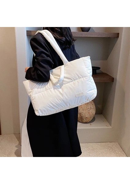Beyaz Pamuk Yastıklı Omuz Çantası Kadınlar Için Puffer Tote Çanta Kapitone Kabarık Çanta Çanta Büyük Tote Bulut Çanta Kadın Rahat Alışveriş Çantası (Yurt Dışından)