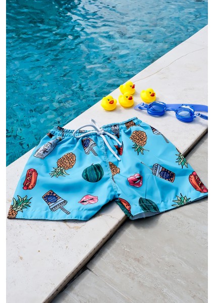 Erkek Çocuk Eğlenceli Ananas Baskılı Bel Bağcıklı Deniz Şortu modelleri