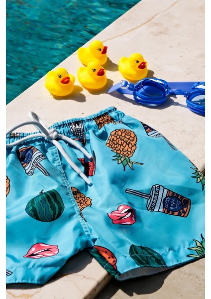 Erkek Çocuk Eğlenceli Ananas Baskılı Bel Bağcıklı Deniz Şortu fırsatları