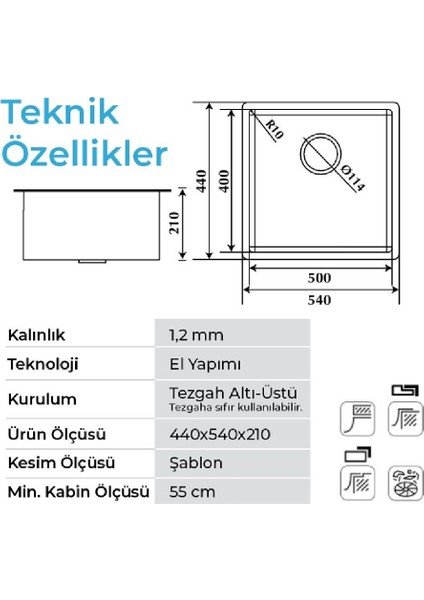 Stella 4454 Füme Siyah 540X440 mm Eviye fiyatları