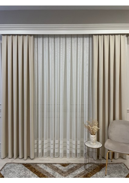 Modern Şantuklu 2 Sıra Bantlı 1/2,5 Pile - Ekru/altın Simli Tül Perde fırsatları