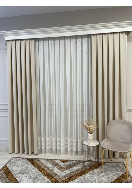 Modern Şantuklu 2 Sıra Bantlı 1/2,5 Pile - Ekru/altın Simli Tül Perde indirimleri