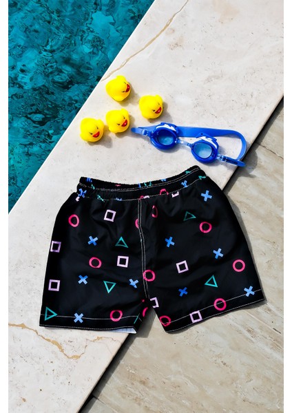 Erkek Çocuk Playstation Geometrik Baskılı Bel Bağcıklı Deniz Şortu fiyatları