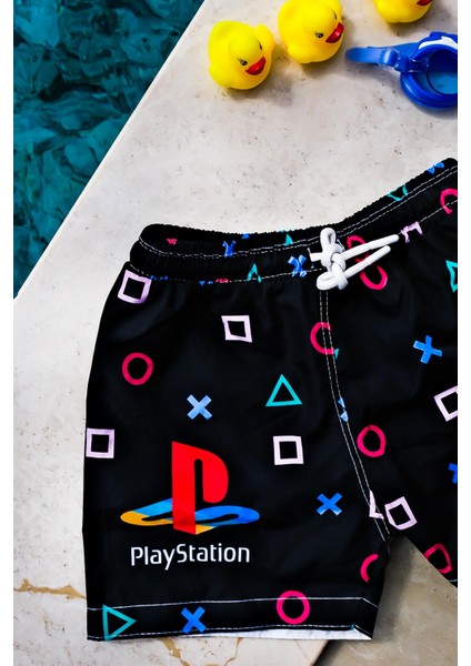 Erkek Çocuk Playstation Geometrik Baskılı Bel Bağcıklı Deniz Şortu modelleri