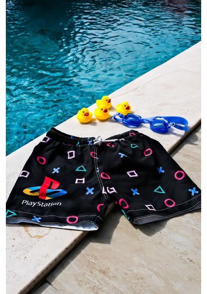 Erkek Çocuk Playstation Geometrik Baskılı Bel Bağcıklı Deniz Şortu fırsatları
