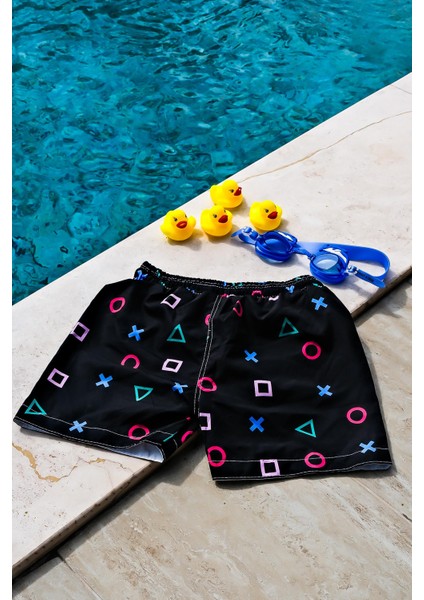 Erkek Çocuk Playstation Geometrik Baskılı Bel Bağcıklı Deniz Şortu indirimleri
