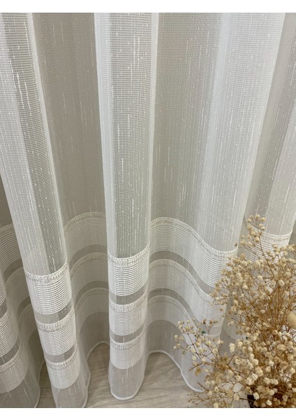 Modern Şantuklu 2 Sıra Bantlı 1/2,5 Pile - Ekru/altın Simli Tül Perde modelleri