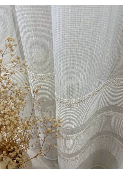 Modern Şantuklu 2 Sıra Bantlı 1/2,5 Pile - Ekru/altın Simli Tül Perde