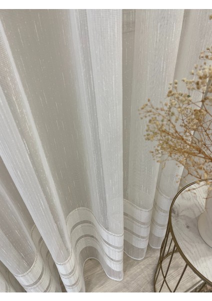 Modern Şantuklu 2 Sıra Bantlı 1/2,5 Pile - Ekru/altın Simli Tül Perde fiyatları