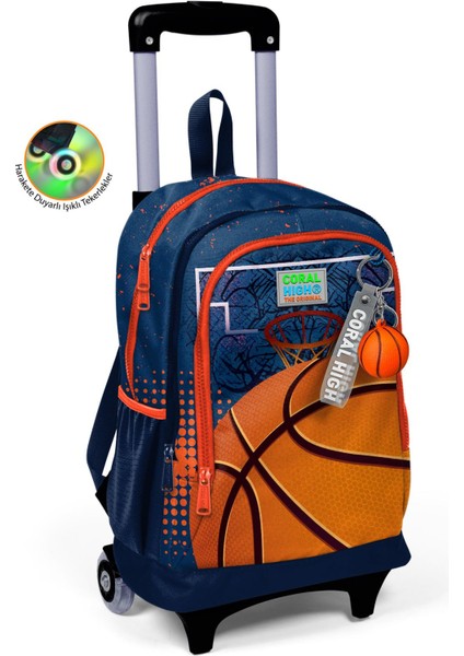 Kids Turuncu Lacivert Basketbol Desenli Üç Bölmeli Çekçekli Okul Sırt Çantası 23966