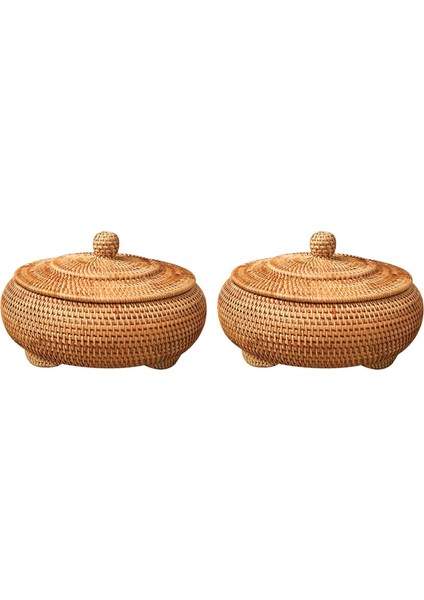 2x Depolama Sepeti Dokuma Rattan Dokuma Kapaklı Yuvarlak Ana Renk Çin Takı Aperatifler Çay Seti Saklama Kutusu (Yurt Dışından)