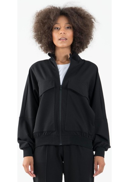 Oversize Kadın Dik Yaka Uzun Kol Siyah Tracktop 22176