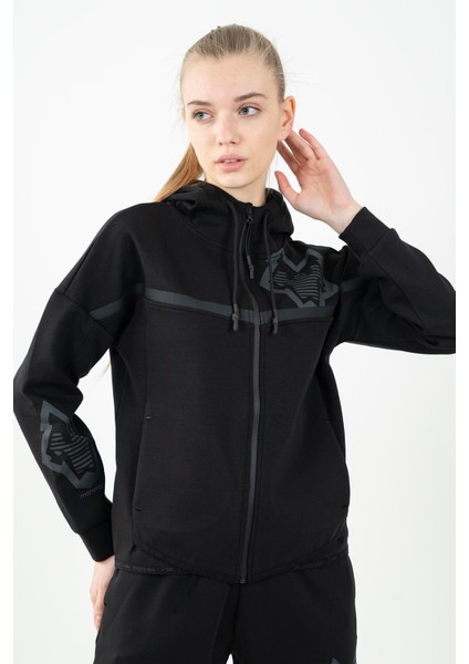Regular Kadın Kapşonlu Uzun Kol Siyah Tracktop 22027
