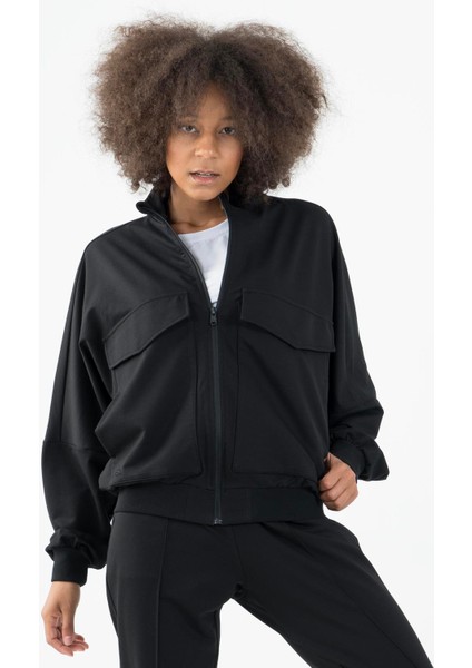 Sportswear Oversize Kadın Dik Yaka Uzun Kol Basic Siyah Tracktop 22176