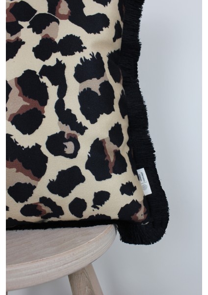 Siyah Püsküllü, Leopar Desen, Dekoratif 43X43CM Kare Kırlent Kılıfı