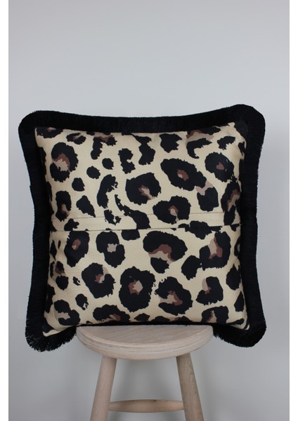 Siyah Püsküllü, Leopar Desen, Dekoratif 43X43CM Kare Kırlent Kılıfı