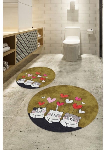 Dijital Baskılı Kaymaz Yıkanabilir Kedi Desen Yuvarlak Ikili Banyo Takımı, N-Y-Klozet-42-Kahve, fiyatları