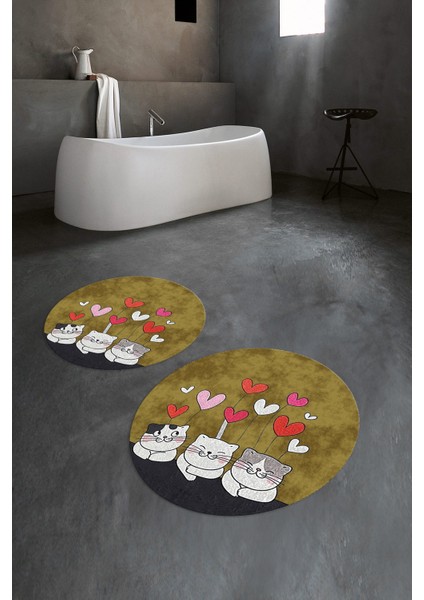 Dijital Baskılı Kaymaz Yıkanabilir Kedi Desen Yuvarlak Ikili Banyo Takımı, N-Y-Klozet-42-Kahve, modelleri