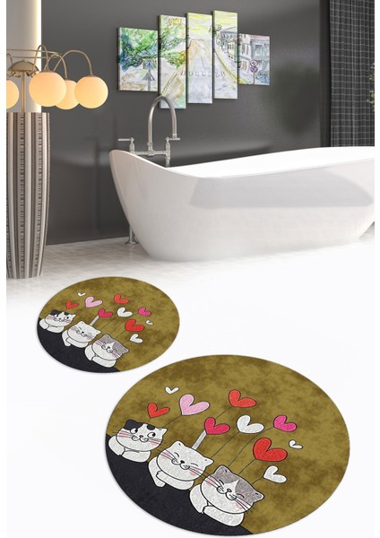 Dijital Baskılı Kaymaz Yıkanabilir Kedi Desen Yuvarlak Ikili Banyo Takımı, N-Y-Klozet-42-Kahve, fırsatları