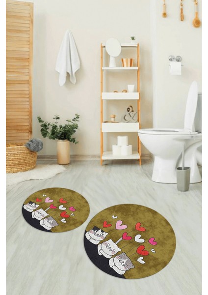 Dijital Baskılı Kaymaz Yıkanabilir Kedi Desen Yuvarlak Ikili Banyo Takımı, N-Y-Klozet-42-Kahve, indirimleri