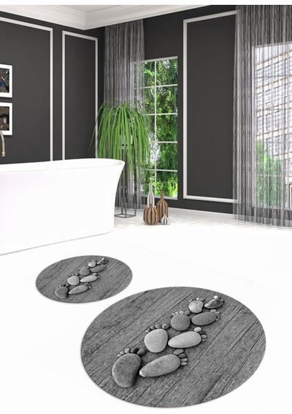3D Dijital Baskılı Kaymaz Taban Yıkanabilir Yuvarlak Ikili Banyo Takımı, N-Y-Klozet-15-Gri,