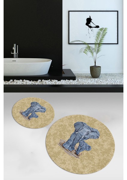 Dijital Baskılı Kaymaz Yıkanabilir Fil Desen Yuvarlak Ikili Banyo Takımı, N-Y-Klozet-33-Kahve,