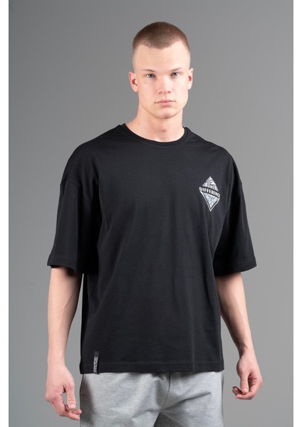 Oversize Erkek Bisiklet Yaka Siyah T-shirt
