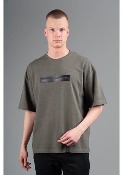 Oversize Erkek Bisiklet Yaka Haki T-shirt