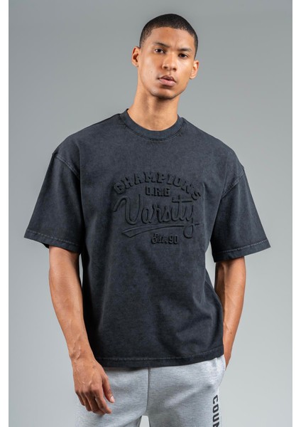 Oversize Erkek Bisiklet Yaka Siyah- T-shirt