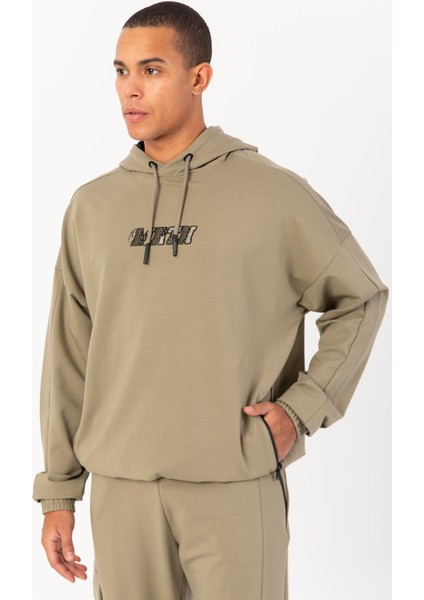 Oversize Erkek Kapşonlu Düşük Kol Açık Haki Sweatshirt 22465