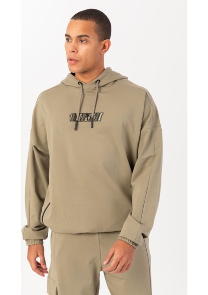 Oversize Erkek Kapşonlu Düşük Kol Açık Haki Sweatshirt 22465 modelleri