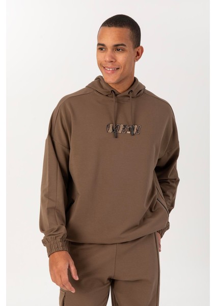 Oversize Erkek Kapşonlu Düşük Kol Kakao Sweatshirt 22465