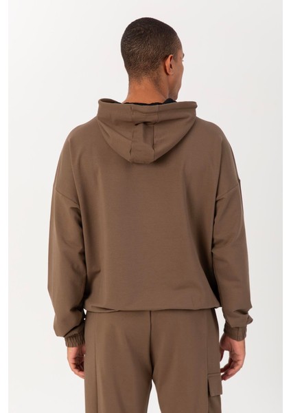 Oversize Erkek Kapşonlu Düşük Kol Kakao Sweatshirt 22465 modelleri