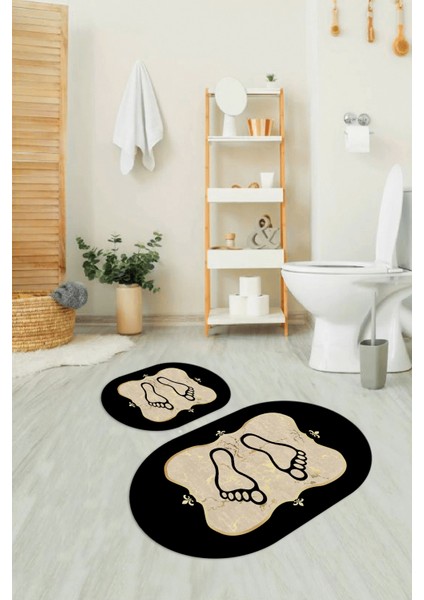Dijital Baskılı Kaymaz Yıkanabilir Ayak Desen Oval Banyo Takımı Klozet Takımı, N-O-Klozet-20-Gold,