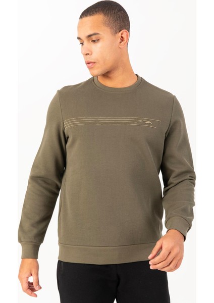 Sportswear Comfort Erkek Bisiklet Yaka Takma Kol Basic Açık Haki Sweatshirt 21836