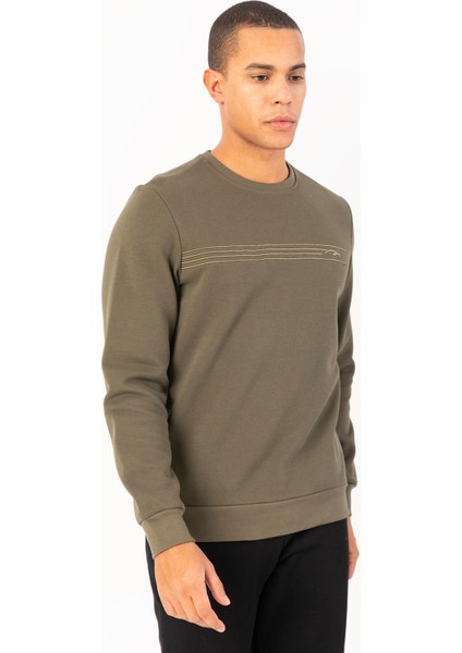 Sportswear Comfort Erkek Bisiklet Yaka Takma Kol Basic Açık Haki Sweatshirt 21836