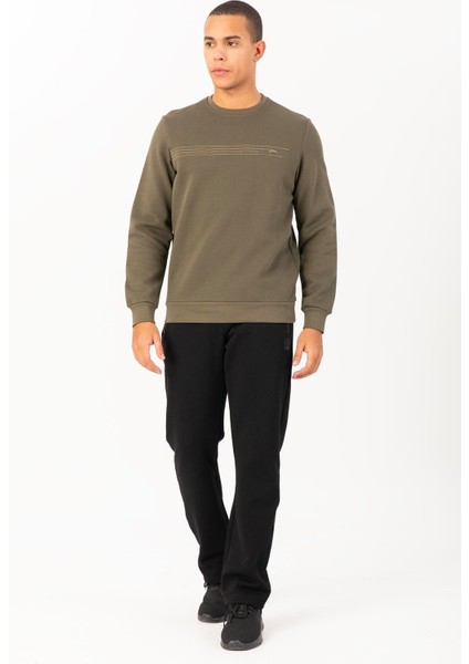 Sportswear Comfort Erkek Bisiklet Yaka Takma Kol Basic Açık Haki Sweatshirt 21836