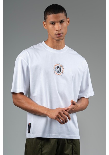 Oversize Erkek Bisiklet Yaka Beyaz- T-shirt