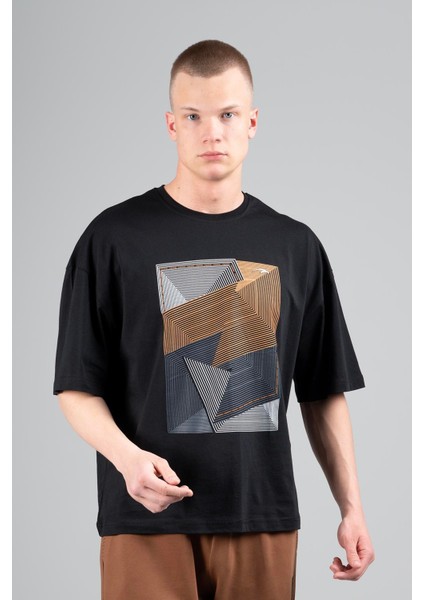 Oversize Erkek Bisiklet Yaka Siyah- T-shirt