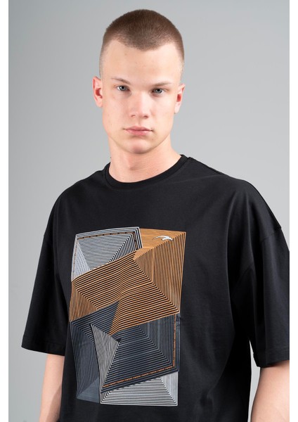 Oversize Erkek Bisiklet Yaka Siyah- T-shirt indirimleri