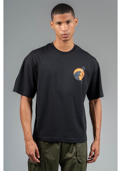 Oversize Erkek Bisiklet Yaka Siyah- T-shirt